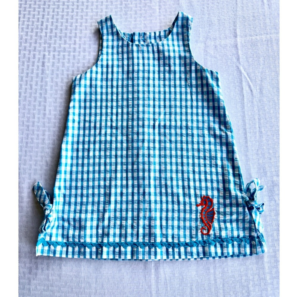 Kellys Kids Vintage Gingham Seahorse Seersucker Top Blue White Ric Rac Size 4